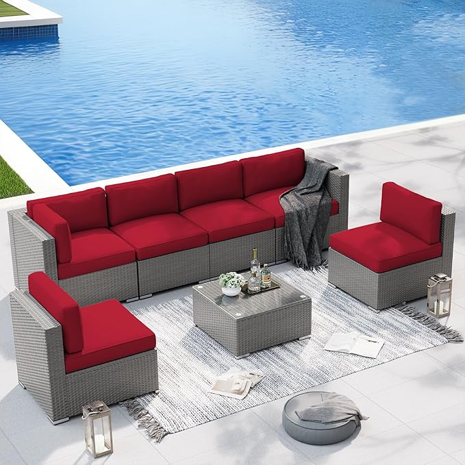 SUNCROWN Outdoor Patio Furniture Set 7 Piece Outdoor Sectional Sofa Grey Wicker Conversation Sofa Set with Coffee Table and Cushions -Red