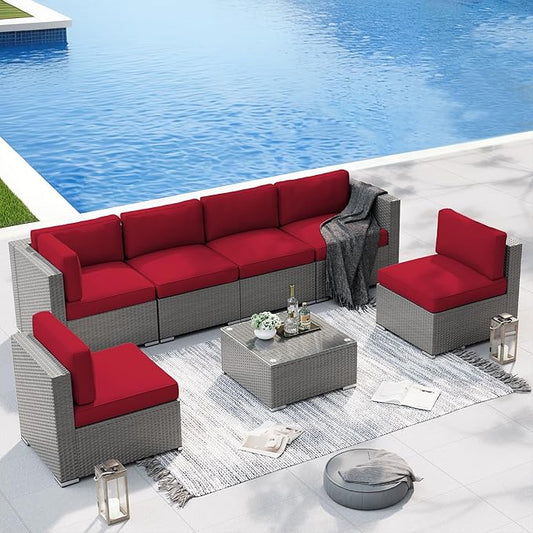 SUNCROWN Outdoor Patio Furniture Set 7 Piece Outdoor Sectional Sofa Grey Wicker Conversation Sofa Set with Coffee Table and Cushions -Red