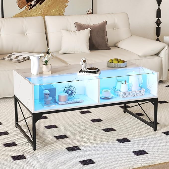 Tangkula LED Coffee Table, High Glossy Center Table with 4 Storage Cubes, Faux Marble & Tempered Glass Top, Adjustable Light Colors, Remote Control, Modern Cocktail Table for Living Room (White)