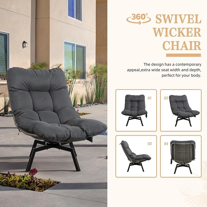 Vongrasig Swivel Wicker Chair PE Rattan Chair with Cushion, Oversized Patio Lounge Chair for Outdoor, Indoor, Balcony, Backyard, Garden, Living Room, Black Rattan - Image 8