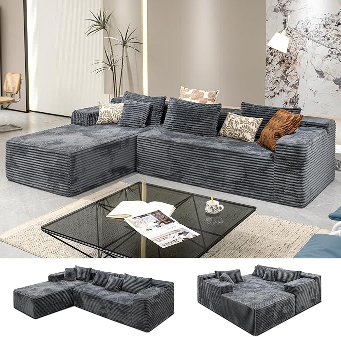 Grey sectional couches for Living Room-Corduroy Couch，104" Cloud Sectional Couch with L-Shape Chaise， Modern Modular Sofa, Deep Seat Comfort, No Assembly Required(Plush Corduroy Fabric)