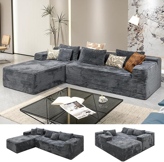 Grey sectional couches for Living Room-Corduroy Couch，104" Cloud Sectional Couch with L-Shape Chaise， Modern Modular Sofa, Deep Seat Comfort, No Assembly Required(Plush Corduroy Fabric)