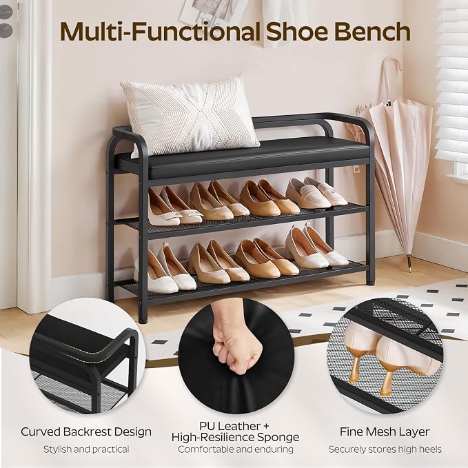 YATINEY Shoe Bench with Backrest, Entryway Bench, 2-Tier Shoe Rack with PU Padded Seat, Upholstered Shoe Storage Bench with Back, for Hallway, Entryway, Foyer, Bedroom, Black HX14BB - Image 7