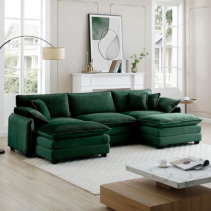 KEIKI 115" U-Shaped Oversized Corduroy Modular Sectional Sofa with 2 Ottoman, High-Density Foam Cushions, Removable Armrests, Upholstered 3-Seater Corner Couch with 5 Pillow, for Living Room, Green