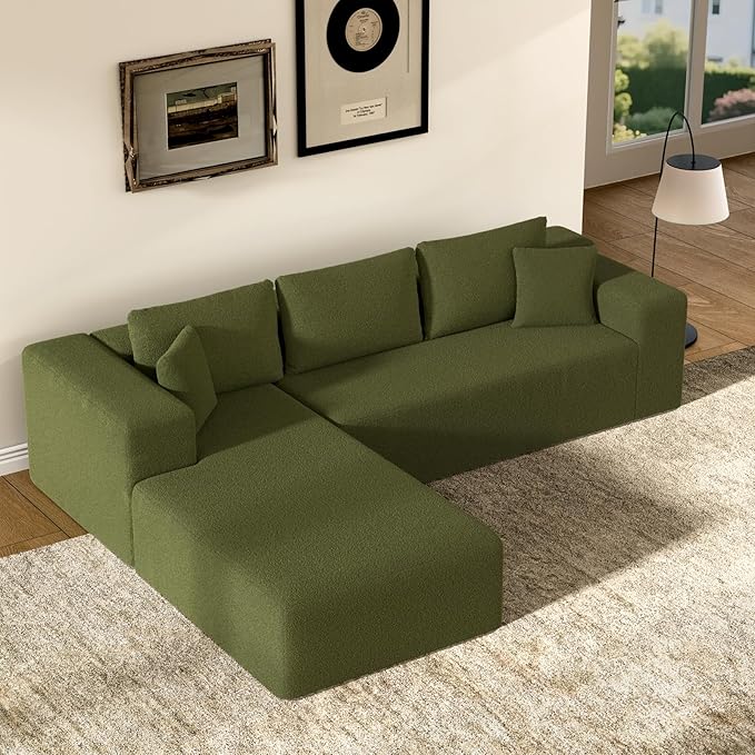 106" Modular Sectional Sofa, Green Wool Cloud Couch with Right Chaise, Deep Seat Boneless Floor Sofa for Living Room, High-Resilience Foam Support, No Assembly Required, Includes Pillows | Sectional Sofa, Corduroy Cloud, Boneless, High-Resilience, No A...