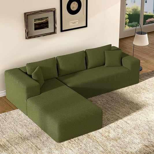 106" Modular Sectional Sofa, Green Wool Cloud Couch with Right Chaise, Deep Seat Boneless Floor Sofa for Living Room, High-Resilience Foam Support, No Assembly Required, Includes Pillows | Sectional Sofa, Corduroy Cloud, Boneless, High-Resilience, No A...