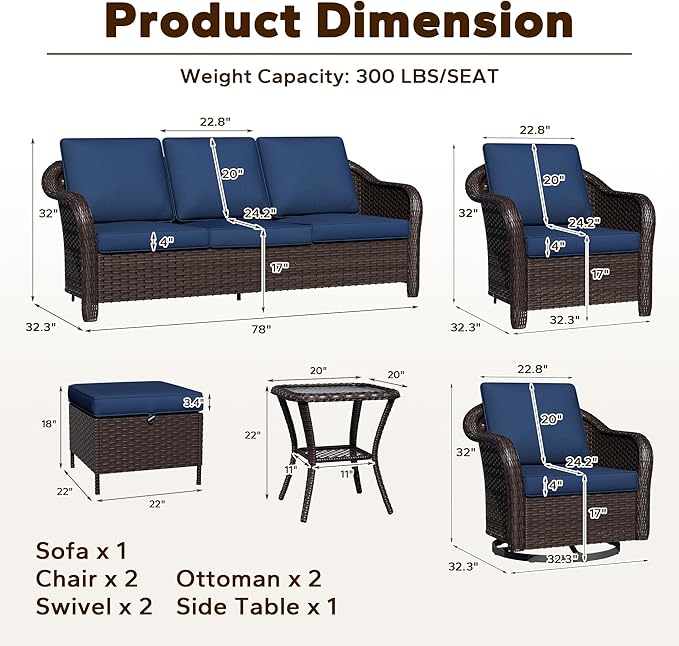 8 Piece Patio Wicker Conversation Set, All-Weather Use Outdoor Wicker Sofa with 2 PE Rattan Ottomans,2 Chair, 2 Swivel Chair, 1 Side Table, Ideal for Porch, Backyard, Balcony, Poolside, Blue