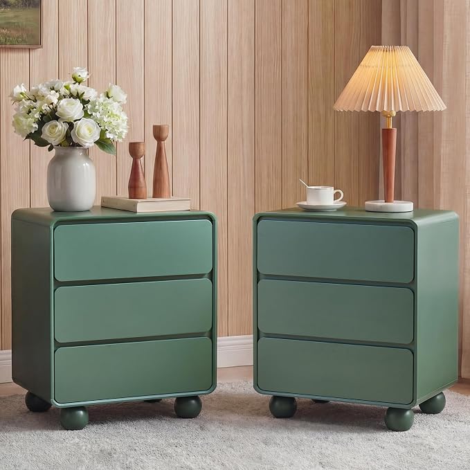 AVZEAR Wooden Night Stand wth 3 Drawer Dresser Mid Century Modern End Table Chest of Drawers, Solid Wood Legs & Curved Profile Design, Farmhouse Side Table for Living Room, Green - Image 4