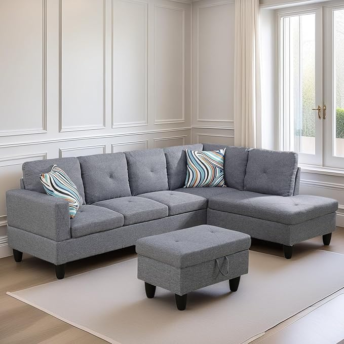 FONTOI L Shaped Sectional Couch Sofa, Modern Couches for Living Room, Comfy 4 Seat Modular Sectional Sofa with Ottoman Storage for Bedroom Apartment, Gray