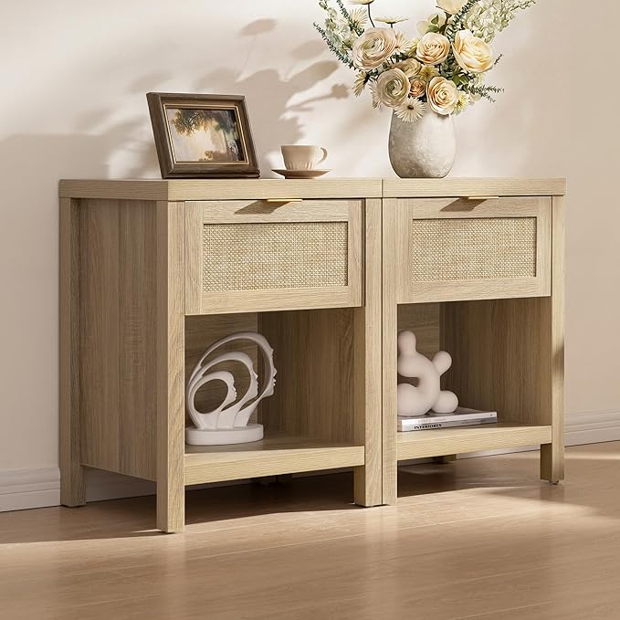 SICOTAS Rattan Nightstands Set of 2, Farmhouse Night Stand Bedside Table with Drawer and Storage Shelf - Boho End Side Table for Bedroom, Light Oak - Image 6