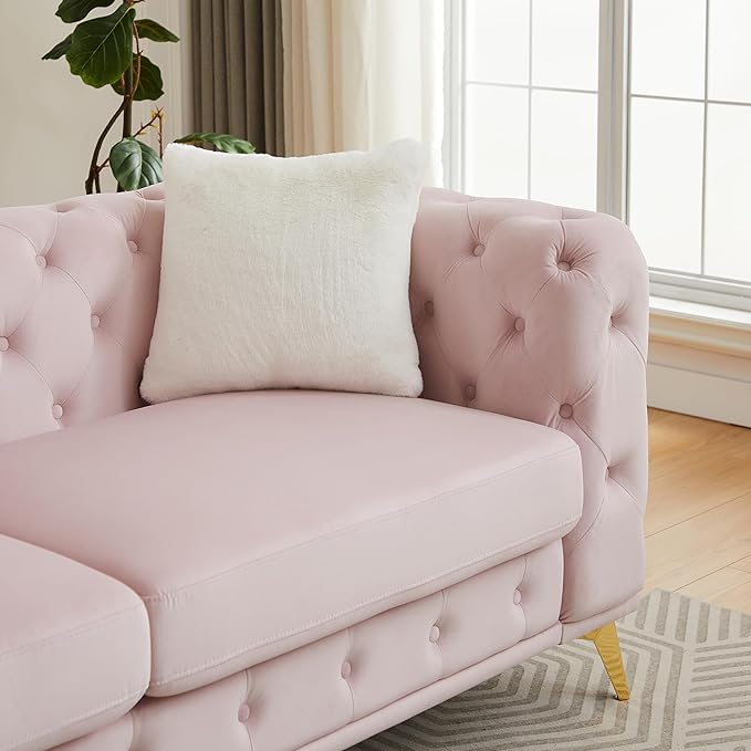 KEIKI 2-Piece Luxury Chesterfield Sofa Set with 2 Velvet 3-Seater Sofa, Mid-Century 6-Seater Tufted Buttons Couch Set with 4 Pillows & High-Density Foam Cushions, Easy Assembly, for Living Room, Pink