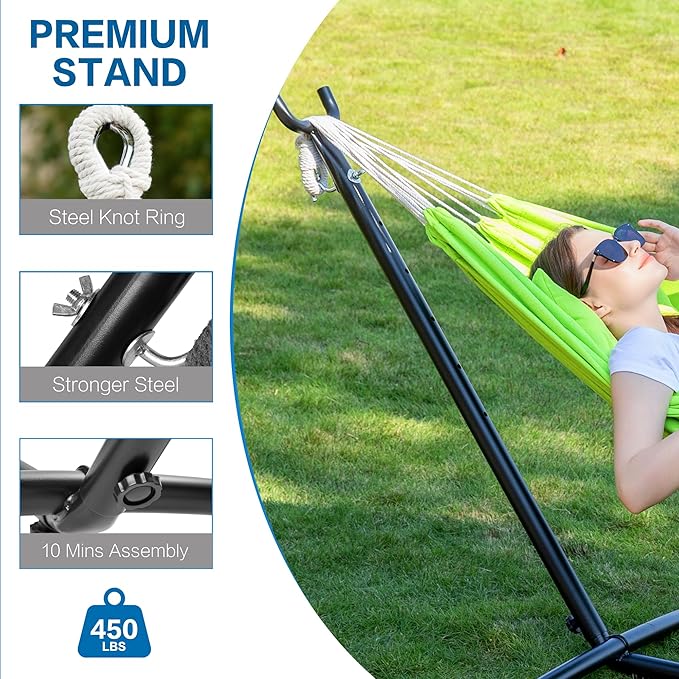 PNAEUT Double Hammocks with Stand for Outside, Portable Space Saving Heavy-Duty Steel Stand for Indoor Outdoor Patio with Carrying Bag, 450 lbs Capacity (Green) - Image 7