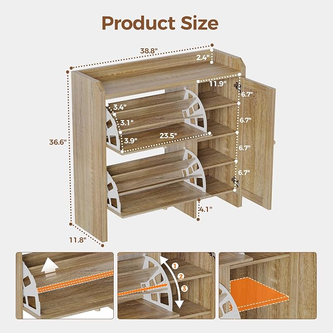 Mericonia Shoe Cabinet Storage for Entryway with 2 Flip Drawers(3-Tier), Rattan Freestanding with Door & 3 Adjustable Shelve,Hidden Shoe Rack Organizer for Hallway, Foyer - Image 2