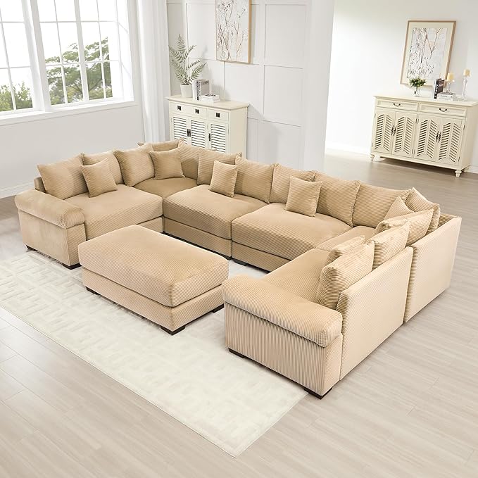 KEIKI 138" U-Shaped Oversized Corduroy Modular Cloud Sectional Sofa with 1 Ottoman, High-Density Foam Cushion, Extra-Thick Armrest, 6-Seater Fluffy Corner Couch with 20 Pillow, for Living Room, Camel