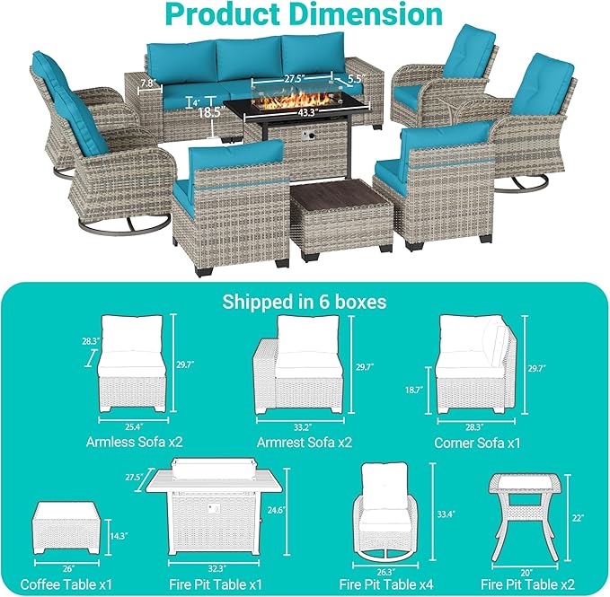 13-Piece Outdoor Patio Furniture Set with Rocking Swivel Chair, PE Wicker Rattan Sectional Sofa Patio Conversation Set with 55,000 BTU Fire Pit Table & Coffee Table, Turquoise
