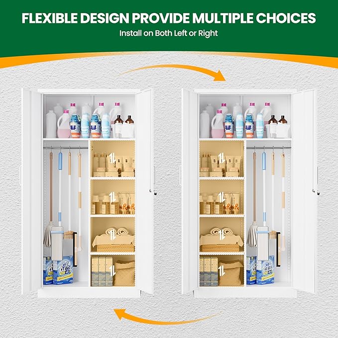 Metal Armoire Wardrobe Closet,72" Metal Storage Cabinet with Lock, 18" D x 36" W Broom Closet with Adjustable Shelves and Hanging Rods, Steel Wardrobe for Home,Bedroom,Office,Employee