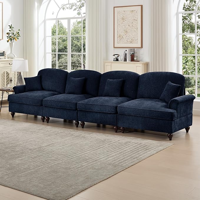 KEIKI Mid Century Modular Sofa with Flared Arms and Skirted Design, 137“ Oversized 4-Seater Luxury Chenille Sectional Couches for Living Room, Big Comfortable Couch Bedroom Furniture, Blue