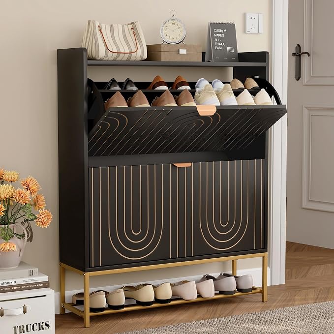 LEVNARY Narrow Shoe Storage Cabinet with 2 Flip Drawers, Wooden Freestanding Hidden Shoes Rack Organizer for Entryway, Mid-Century Modern Shoe Cabinet with Carving Lines for Hallway Foyer (1, Black) by LEVNARY