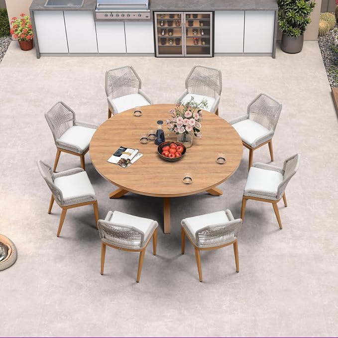 PURPLE LEAF 9 Pieces Round Dining Set Patio Aluminum Modern Round Table and Wicker Chairs with Cushions for Kitchen Backyard Garden Outdoor Furniture Sets, Teak - Image 2
