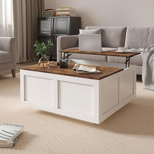 Lift Top Coffee Table with Storage, 31.5" Square White Coffee Table with Large Hidden Storage, Wood Living Room Table Center Table for Living Room Dining Reception Room