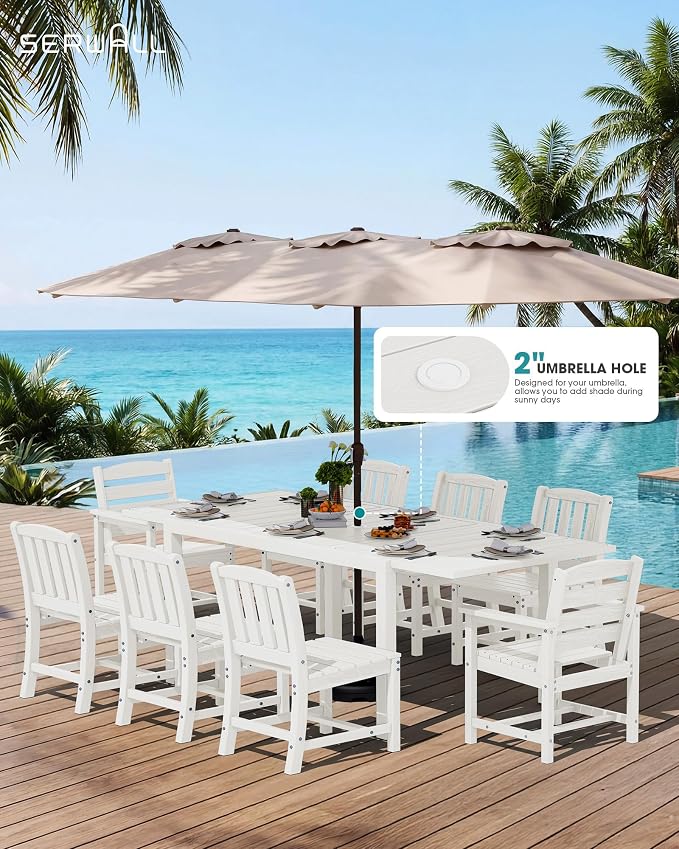 SERWALL Outdoor Expandable Dining Table 60" - 83", Patio Dining Table for 4-10 People, All Weather HDPE and Aluminum Outdoor Furniture for Backyard, Garden, White - Image 2