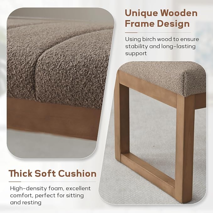 Zihanhome 52.7" Bedroom Bench for End of Bed, Modern Upholstered Teddy Fabric Entryway Bench & Dining Bench, Footrest Stool Bench with Solid Wood Frame for Bedroom, Living Room (Dark Brown) - Image 5