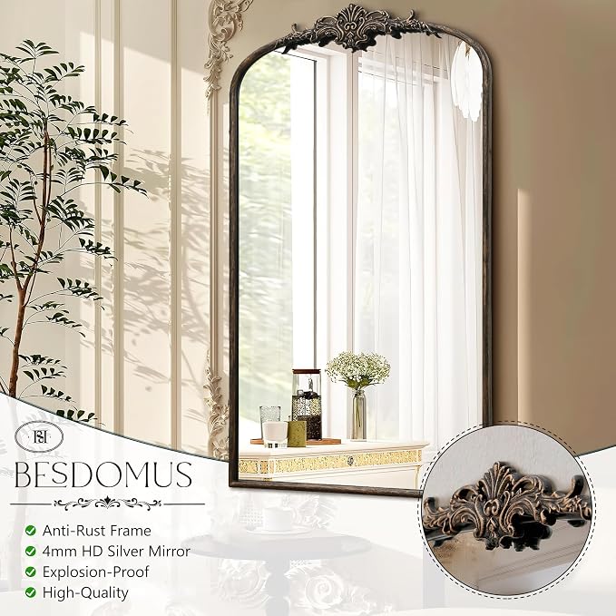 Besdomus Vintage Black Arched Mirror: 24"x42" French Large Arch Black Antique Wall Mounted Mirror - Traditional Ornate Home Decor for Living Room/Entryway/Fireplace/Bathroom - Idea for Young Couples - Image 6