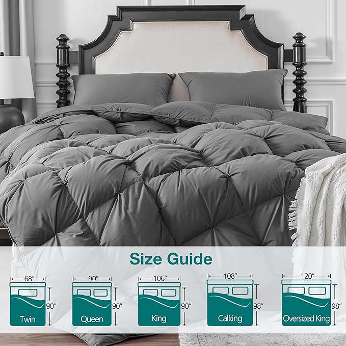 KAKABELL Pinch Pleat Goose Down Feathers Fiber Comforter Full/Queen Size All Season-Ultra Soft and Cozy Noiseless Duvet Insert with Egyptian Cotton Blend Cover,Fluffy Warm Comforter (Grey,90"X90")