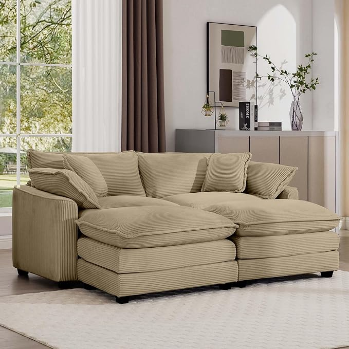 KEIKI 80" Oversized Corduroy Modular Sectional Loveseat Sofa with 2 Ottoman, High-Density Foam Cushions, Removable Armrests, Upholstered 2-Seater Corner Couch with 4 Pillow, for Living Room, Tan