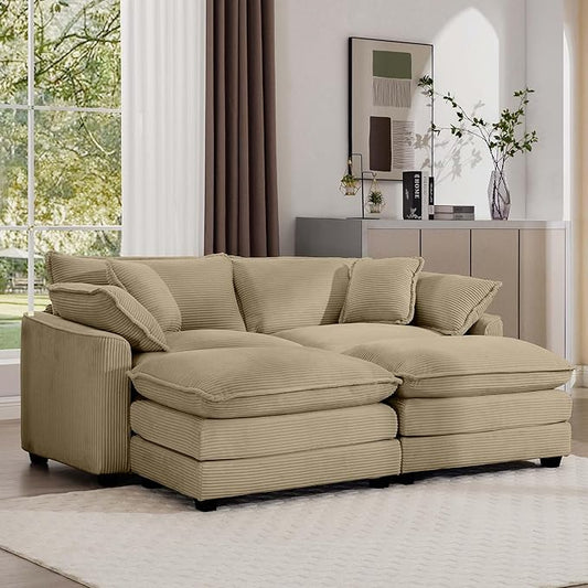 KEIKI 80" Oversized Corduroy Modular Sectional Loveseat Sofa with 2 Ottoman, High-Density Foam Cushions, Removable Armrests, Upholstered 2-Seater Corner Couch with 4 Pillow, for Living Room, Tan