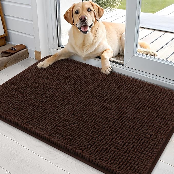 OLANLY Dog Door Mat for Muddy Paws 36x24, Absorbs Moisture and Dirt, Absorbent Non-Slip Washable Doormat, Quick Dry Chenille Mud Mat for Dogs, Entry Indoor Entryway Carpet for Inside Floor, Brown by OLANLY