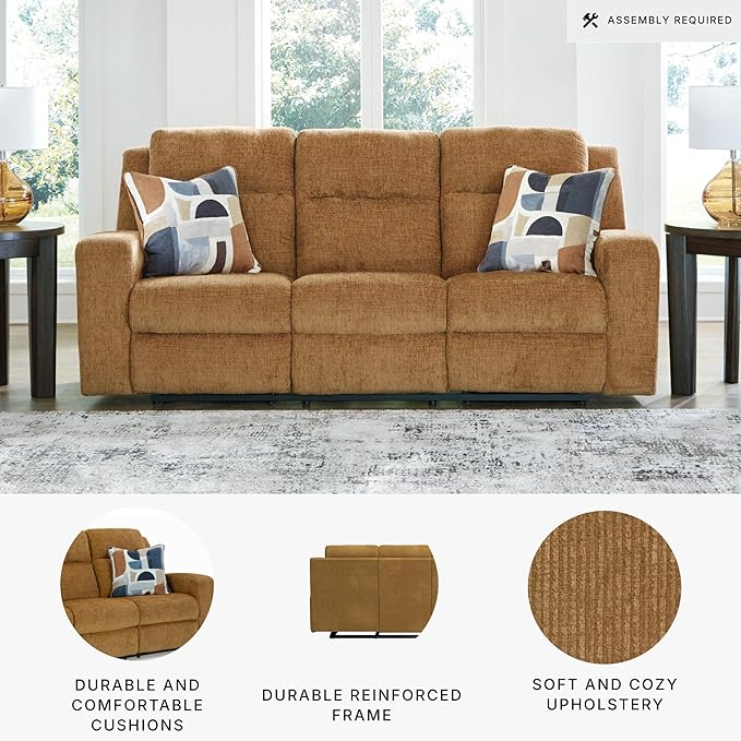 Signature Design by Ashley Kanlow Contemporary Manual Reclining Sofa with 2 Accent Pillows, Light Brown