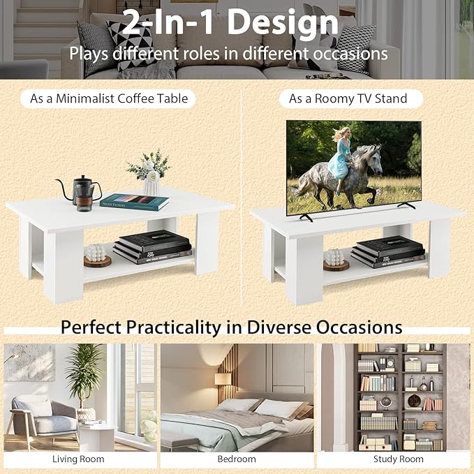 GOFLAME Coffee Table with Storage, Modern Sofa Side Center Table for Small Space, Accent TV Stand for Living Room, Reception Room & Dining Room, Easy Assembly, White