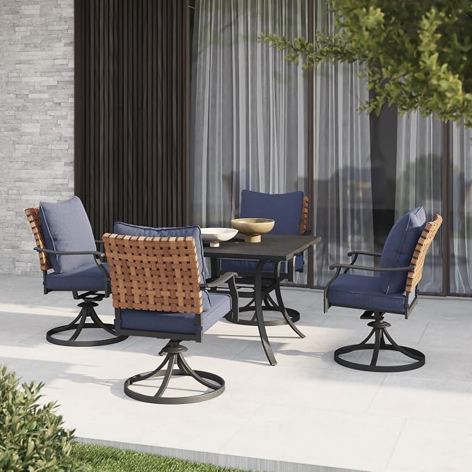 Grand patio 5-Piece Outdoor Dining Set, 4 Leather-Look Wicker Swivel Blue Patio Chairs & 1 Square Dining Table, Black - Image 2