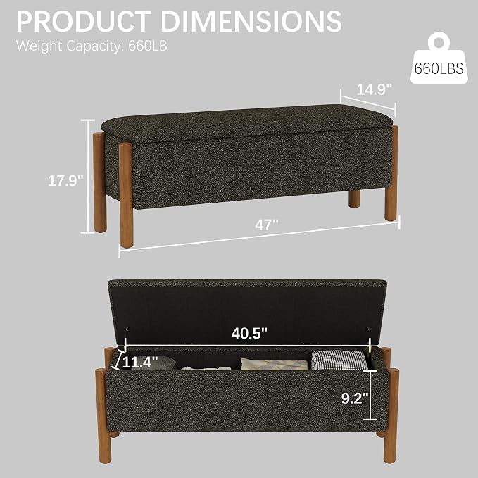 Modern Storage Benches with Walnut Wood Legs, 47'' Ottoman Bench with 20 Gallons Storage Space for Bedroom End of Bed, Fabric Upholstered Entryway Bench with Seating for Livingroom, Gray - Image 2
