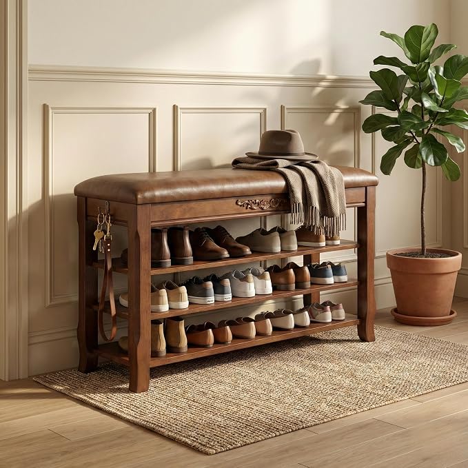 Shoe Rack Bench Entryway Storage with Leather Cushion, Shoe Organizer Bench for Entryway, Front Doors Entrances Hallway,Mudroom,Closet, Bedroom,Solidwood 3 Height-Adjustable Removable Shelve,31.5" by Drogenble