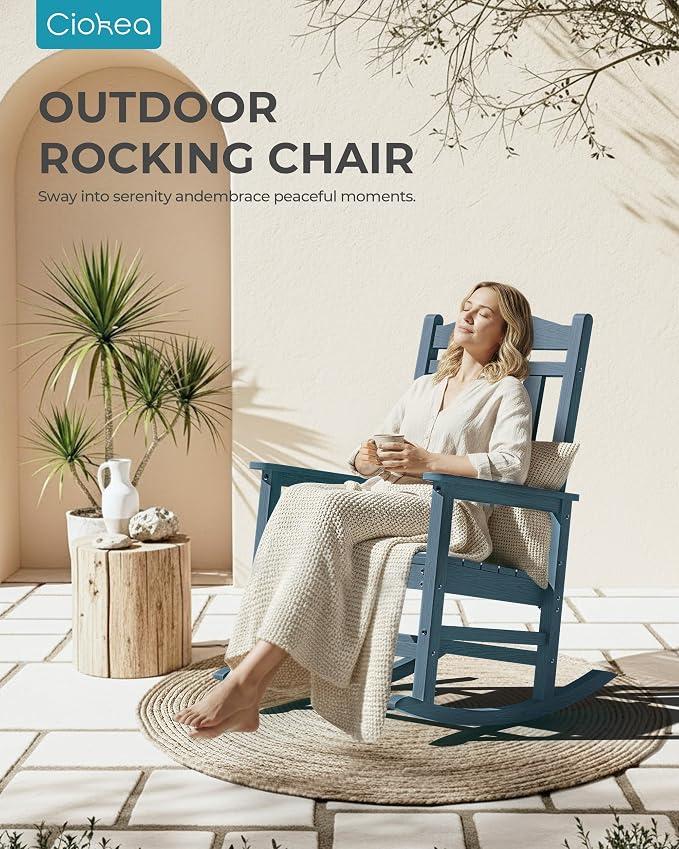 Ciokea Oversized Outdoor Rocking Chair, 380lbs Heavy-Duty Large Patio Rocker, Weather Resistant & Anti-Fade Porch Chair, High Back Cozy Rocking Chair for Outside, Fire Pit, Deck, Garden, Slate Blue - Image 4