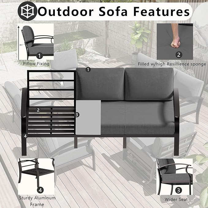 Patio Furniture Set 6-Piece Aluminum Armrest Sofa, All-Weather Patio Conversation Set with Tempered Glass Top Table & Removable Sponge Cushions for Backyard Poolside