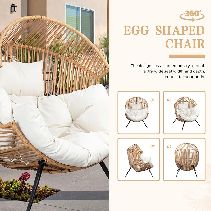 Vongrasig Outdoor Wicker Egg Chair PE Rattan Chair with Cushion, Oversized Patio Lounge Chair for Outdoor, Indoor, Balcony, Backyard, Garden, Beige - Image 7