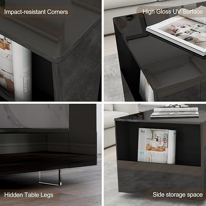 39" High Gloss Wood Coffee Table for Living Room, Sides Storage with Transparent Legs, Modern 2-Tier Storage Shelf Center Table for Home Office, Apartment, Black