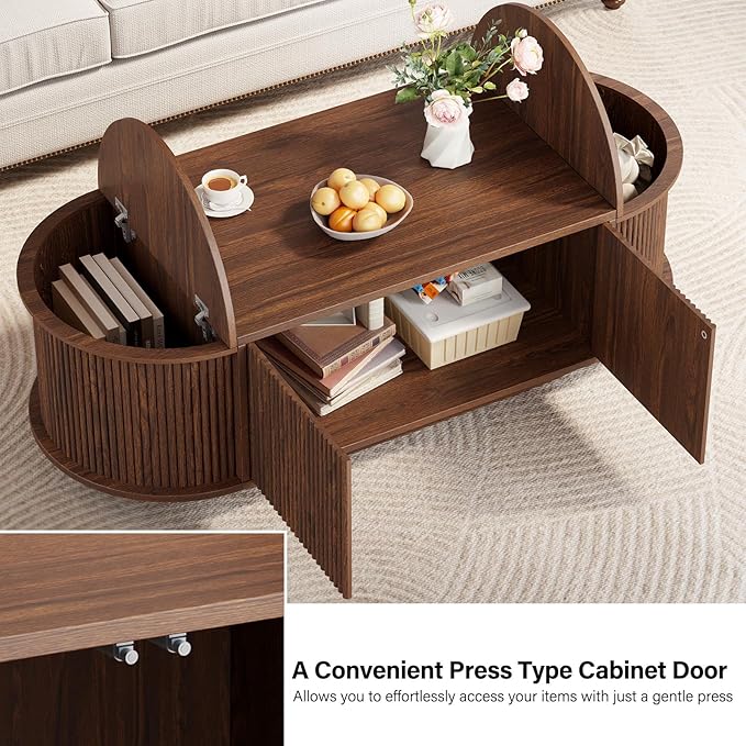 HSH Oval Coffee Table with Storage, 47” Modern Coffee Table with Press Type Door, Fluted Living Room Tables with 2 Flip-Top Hidden Lids, Wood Center Table for Living Room, Office, Walnut