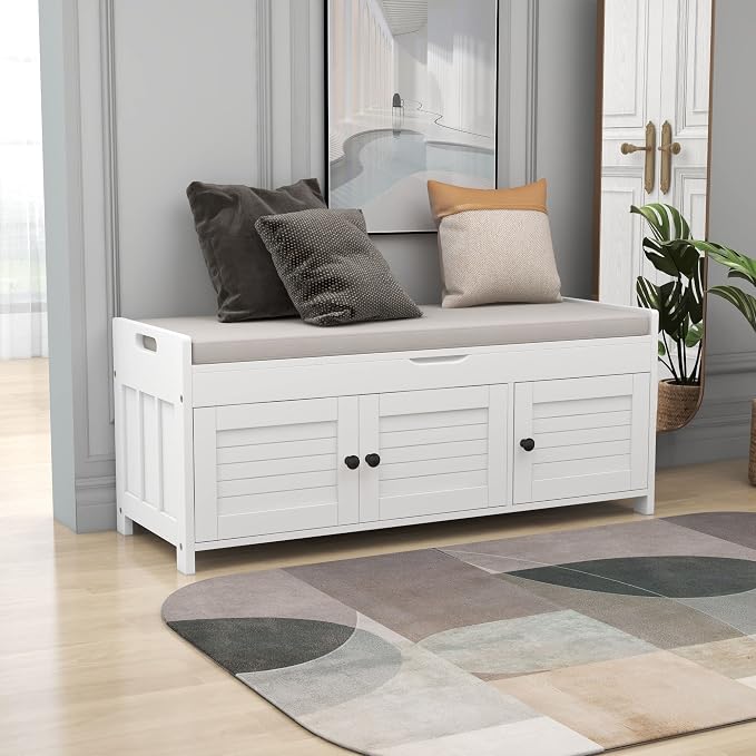 SOFTSEA Storage Bench with 3 Shutter-Shaped Doors Wood Entryway Bench Shoe Bench with Removable Cushion and Hidden Storage by SOFTSEA