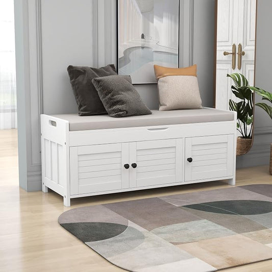 SOFTSEA Storage Bench with 3 Shutter-Shaped Doors Wood Entryway Bench Shoe Bench with Removable Cushion and Hidden Storage by SOFTSEA