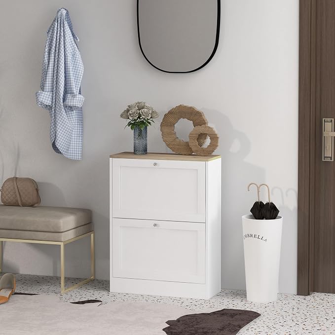 HOMCOM Slim Shoe Cabinet for Entryway, Modern Hidden Shoe Storage Cabinet with 2 Flip Drawers and Adjustable Shelves for 8-12 Pairs of Shoes, White - Image 2