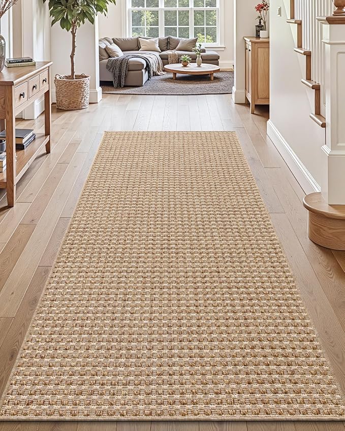 DEXI Hallway Runner Rug 3.3x6.7, Woven Braided Farmhouse Runner Carpet Indoor, Absorbent Thin Long Entryway Runners for Kitchen, Laundry Room, Patio Entrance, Checkered Beige by DEXI