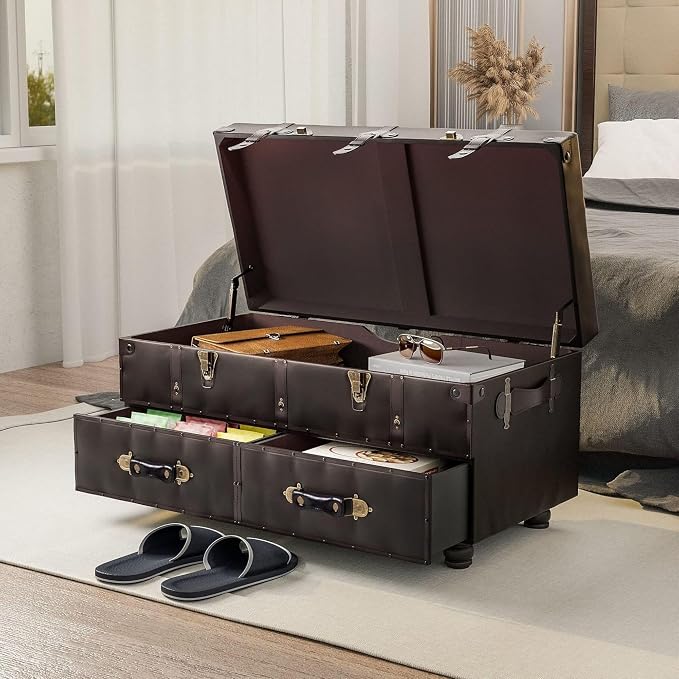 Vintage Storage Bench Upholstered Mid-Century Faux Leather Storage Ottoman Bed Bench Storage Chest for Hallway, Entryway, Bedroom, Dark Brown - Image 6
