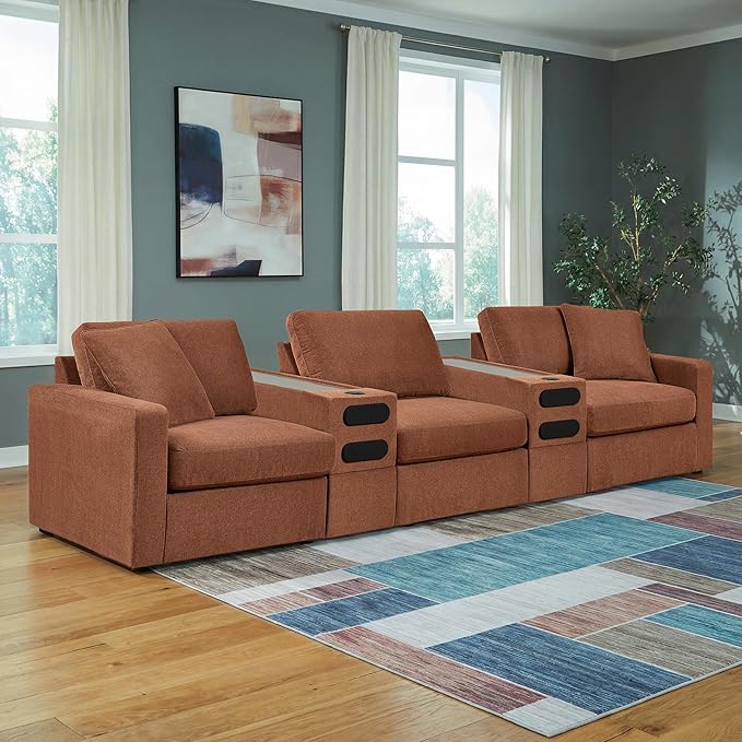 Signature Design by Ashley Modmax Contemporary Stain Resistant 5-Piece Sectional with Audio Consoles, Armrest, Throw Pillows, Reversible Cushions and USB Port, Orange