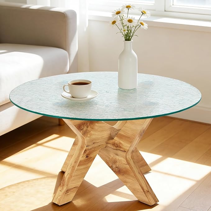 ivinta Round Glass Coffee Table, 31.5" Modern Small Center Table with Water Ripple Tempered Glass and MDF Legs for Living Room Home Office, Tree (Natural)