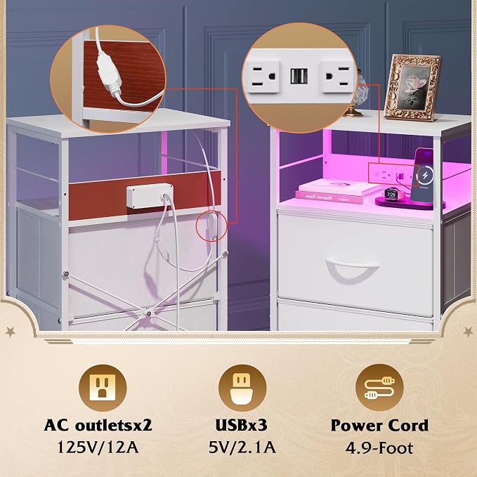 WLIVE Nightstand with Charging Station, 31.9" H Nightstand with 3 Fabric Drawers, LED Bedside Table with USB Ports and Outlets, End Table for Dorm, Bedroom, Entryway, White - Image 7