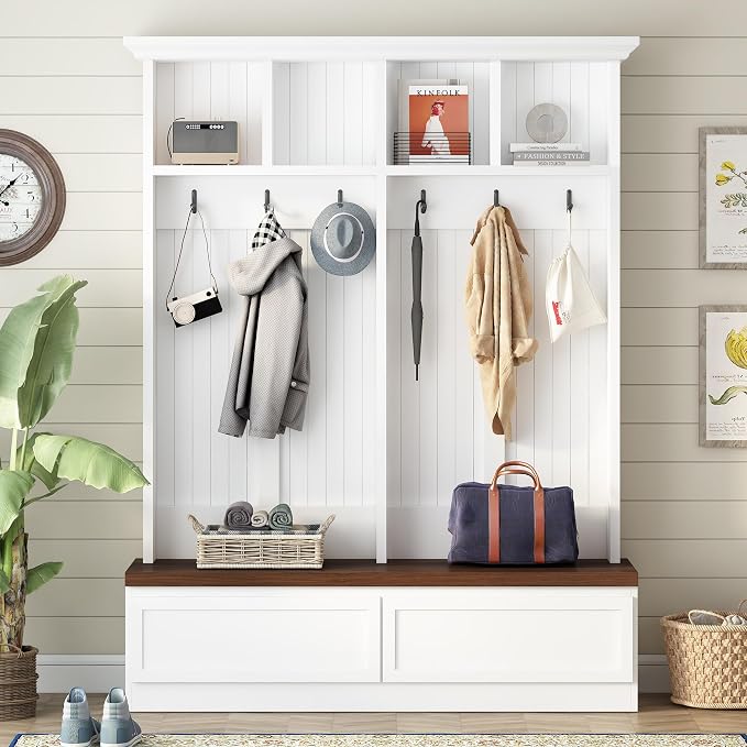 Merax Wood Hall Tree Entryway Bench with 6 Hooks, Farmhouse Mudroom Versatile Coat Racks with 2 Large Drawers Entrance Organizer for Hallway White - Image 3